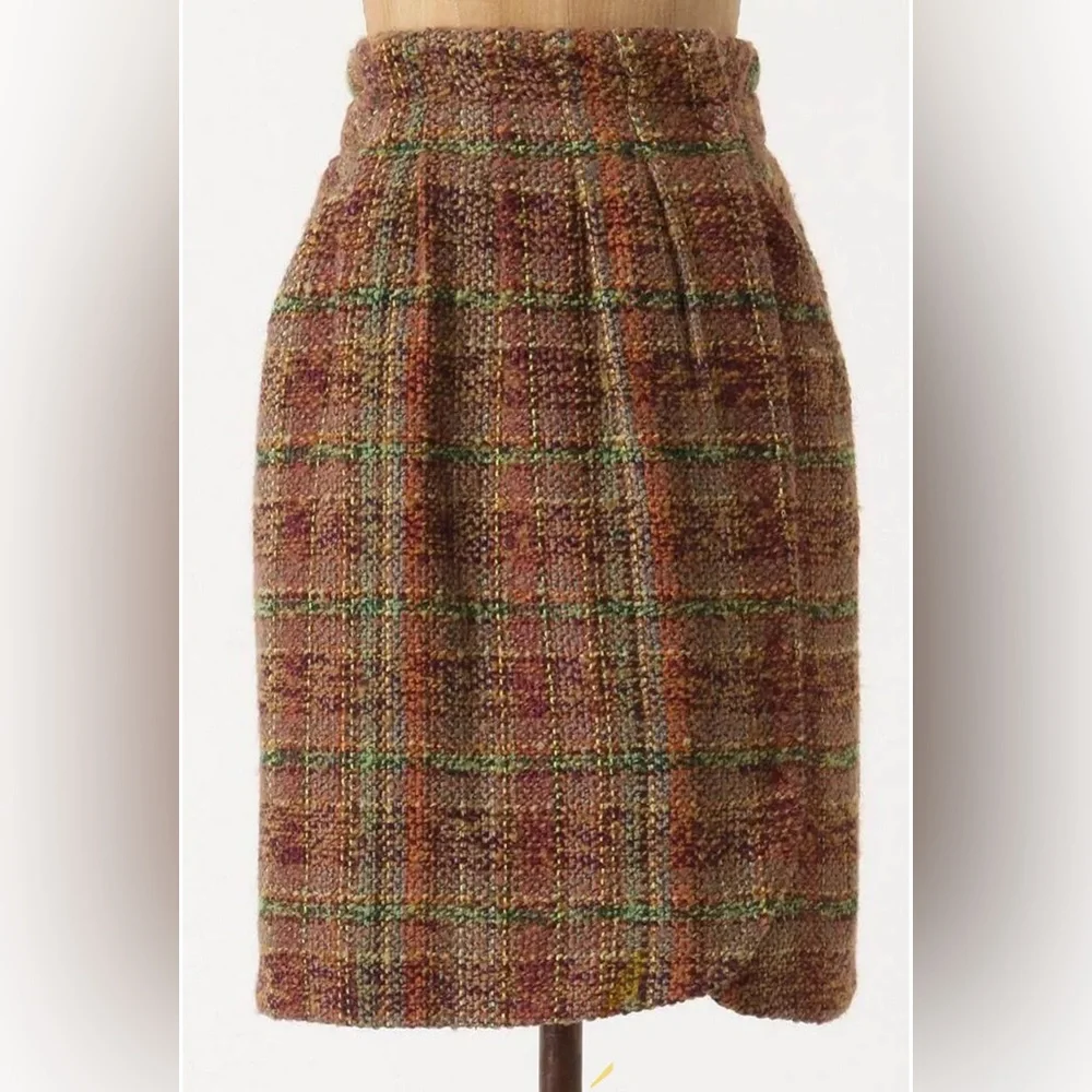 Anthropologie Odille Wool Blend Plaid Skirt, Sz 4, boucle, preppy classic office - Picture 1 of 13